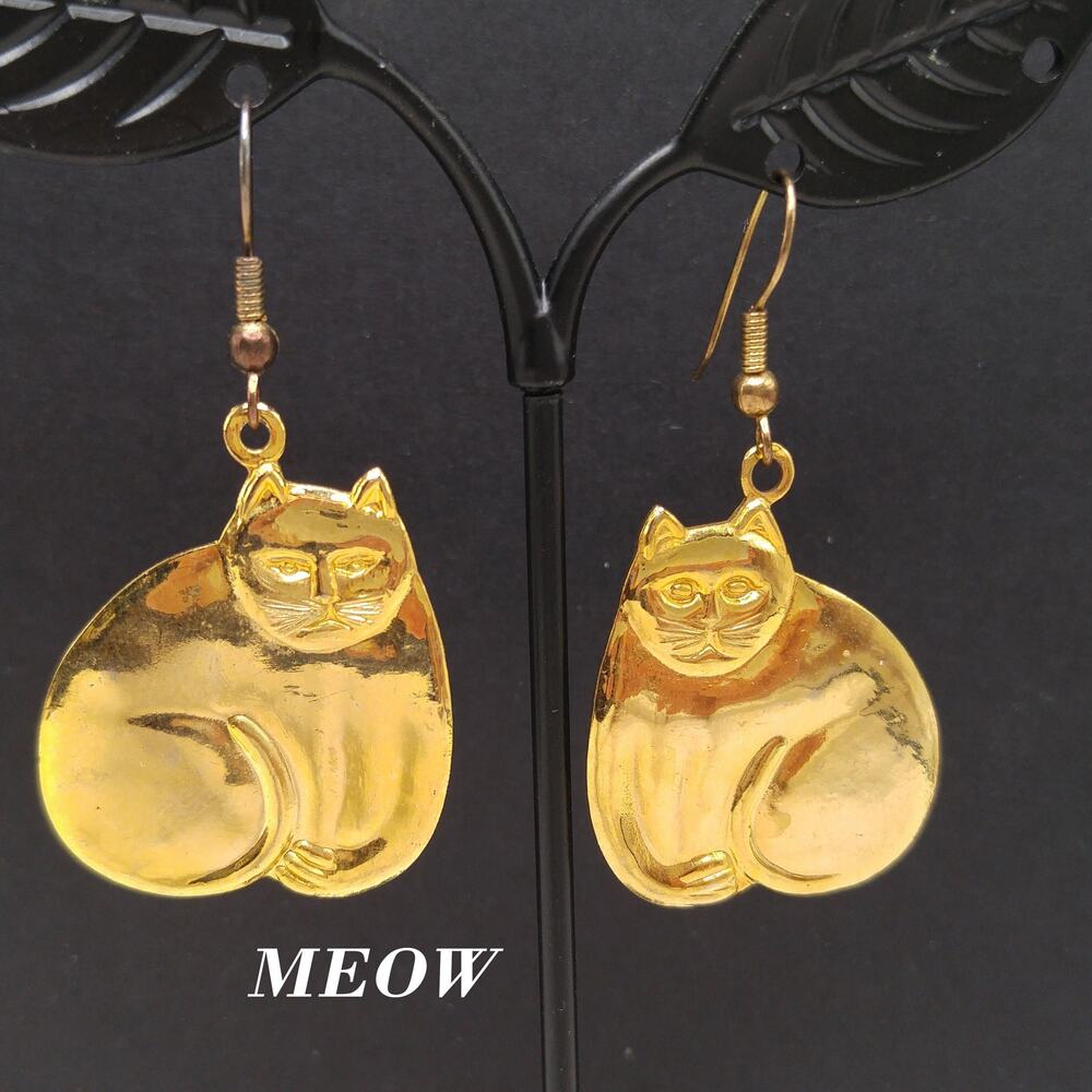 Vintage MEOW Cat Dangle Earrings, Gold Plated, 1990s
